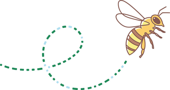 A cute, simple cartoon honeybee with distinct stripes is depicted mid-flight, leaving a dotted trail that suggests its playful and diligent movement.