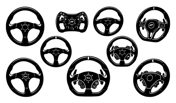 Motorsport steering wheel icon set with sporty car control designs for automotive branding vector illustration