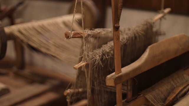 Close-up view of a weaving machine's mechanical components, suitable for industrial or manufacturing-related contexts
