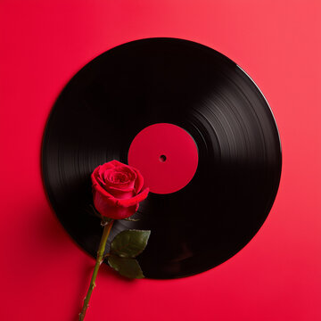 A vintage record and a red rose with a red background, romantic music and love