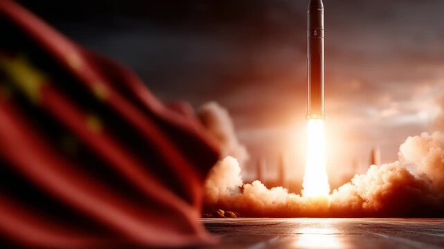 A missile launcher and rockets flying out against the background of the Chinese flag. Weapons , Military Power Concept. System of salvo fire. Nuclear bomb, chemical weapons. Geopolitical tension