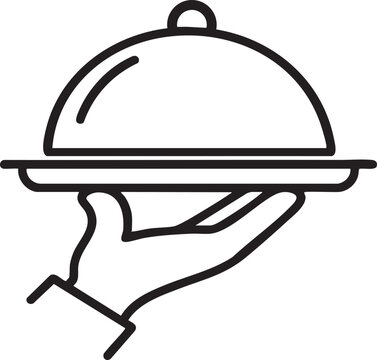 Food Serving Tray Icon with Cloche in Waiter Hand, Restaurant Catering Service Line Symbol, Minimal Outline Hospitality Vector