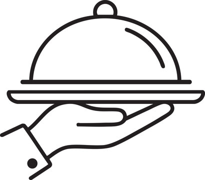 Serving Tray Cloche Icon in Hand, Restaurant Service Concept, Food Delivery and Catering Line Illustration