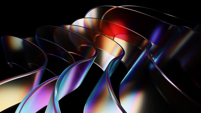 Abstract iridescent holographic glass ribbons refracting light on a black background in seamless loop.