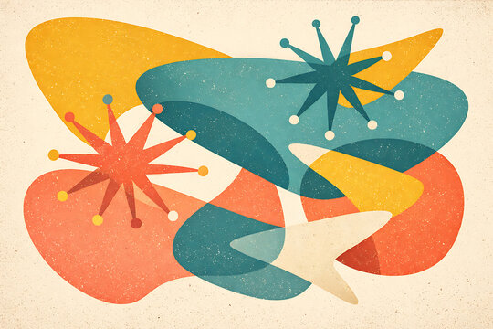 Overlapping atomic age starburst shapes in orange, yellow, teal on beige