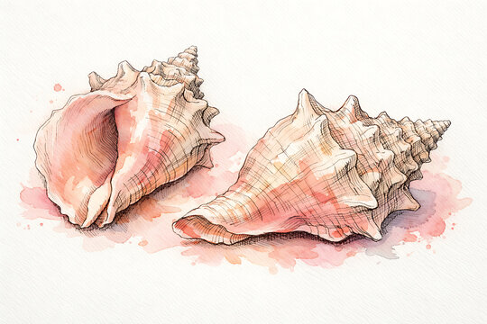 Pink conch shells watercolor empty