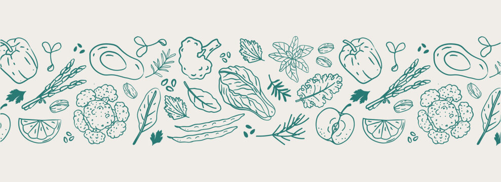 Seamless vegetable border pattern with hand drawn organic food line art. Fresh vegetable and fruit repeat with pepper, avocado, broccoli, herbs and citrus for healthy menu, packaging and eco design.