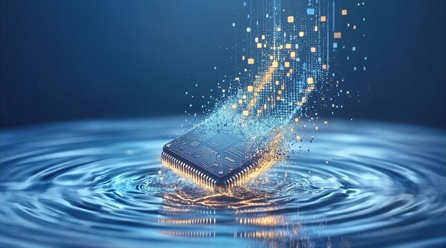 Silicon chip dissolving into glowing pixels above rippling water. Conceptual visualization of data processing and technological evolution.