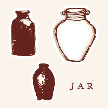 Hand drawn earthenware jar vessel set illustration. Isolated flat vector motif for objects in the bible journaling sticker. Simple sketchy terracotta doodle vase