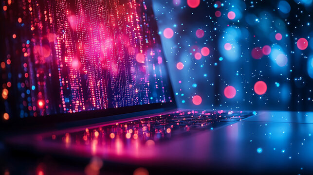 Laptop technology background digital data matrix code cyber security computer tech coding network neon glow