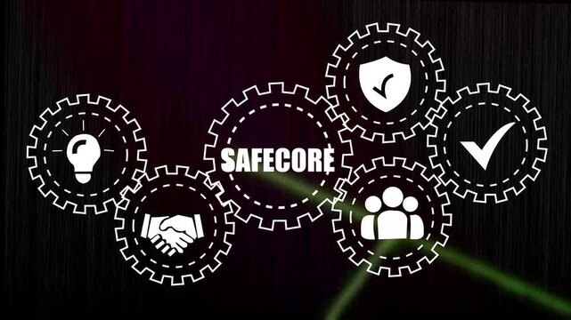 Corporate business strategy concept featuring interlocking gear mechanism animation with for management, teamwork, security, innovation, and success solutions