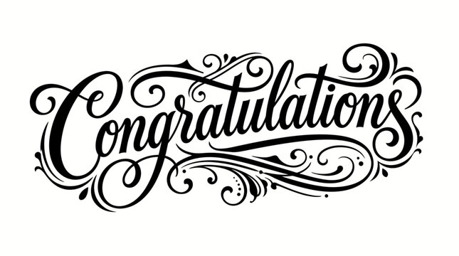 Highly ornate "Congratulations" flowing calligraphy with elaborate swirls and artistic details, isolated white background.