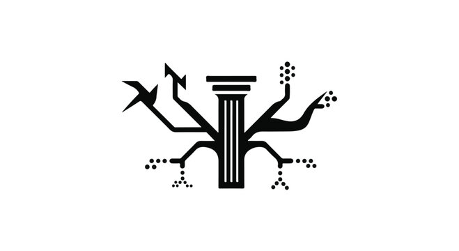 black and white illustration of column with birds and branches