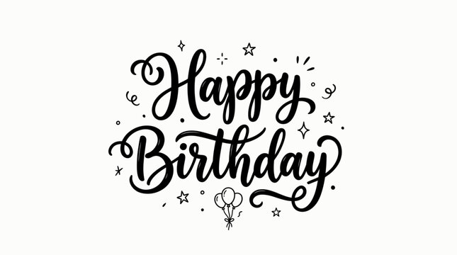 Festive "Happy Birthday" script typography with balloons and stars, isolated white background.