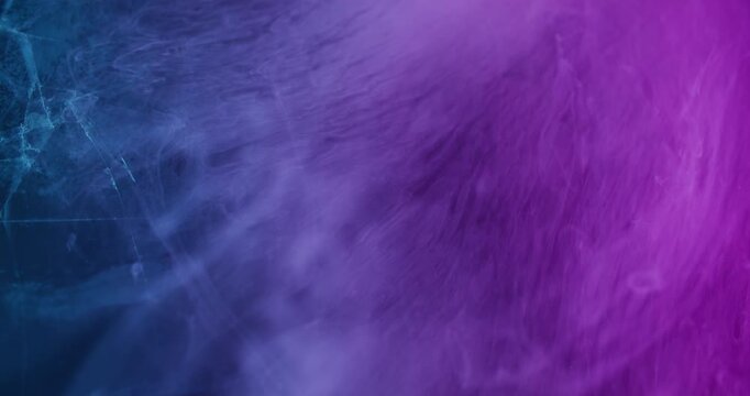 Paint steam splash. Broken glass. Defocused purple blue neon color vapor smog crushed texture ultraviolet light gradient abstract background.