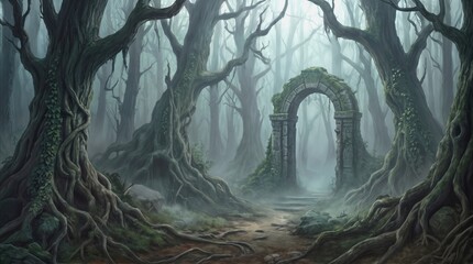 Obraz premium Gnarled trees framing a mossy stone archway in a foggy fantasy woodland. Overgrown ruins of a portal located deep within a haunted forest.