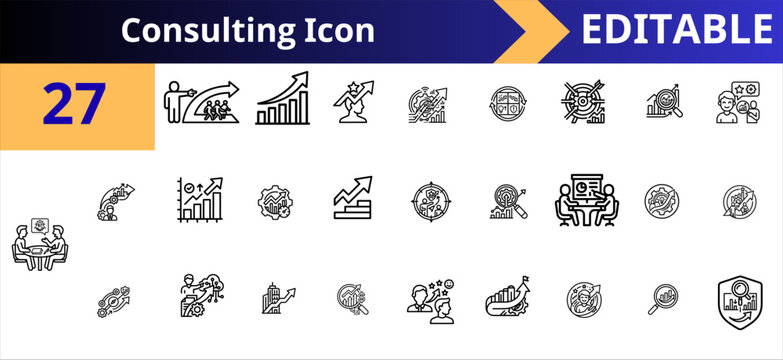 Business consulting strategy outline icons set. business growth, data analytics, teamwork planning, financial success, target market, leadership skills, performance tracking