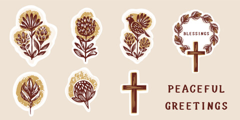 Hand drawn religious christian floral peace blessing elements for greeting card. Isolated flat vector motif for printable sentiment, postcard and church bulletin for easter holy week. Faith set © Limolida Studio