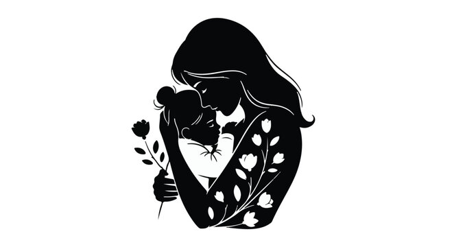 Black silhouette of woman holding cat and rose
