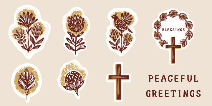 Hand drawn religious christian floral peace blessing elements for greeting card. Isolated flat vector motif for printable sentiment, postcard and church bulletin for easter holy week. Faith set