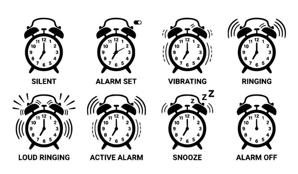 Alarm clock outline icon set ringing variations thin line time vector illustration isolated on white background