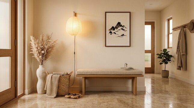 Japandi entryway with wooden bench, paper lantern, ink painting and traditional geta sandals