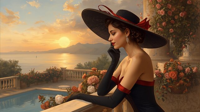 Elegant woman in luxury dress with hat enjoying sunset sea view terrace, high-end lifestyle, romance and travel concept