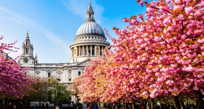 Spring in London, United Kingdom, with colorful cherry tree blossoms in front of the St. Pauls Cathedrale
