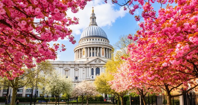 Spring in London, United Kingdom, with colorful cherry tree blossoms in front of the St. Pauls Cathedrale
