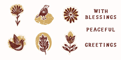 Hand drawn religious christian floral blessing elements for greeting card. Isolated flat vector motif for printable sentiment, postcard and church bulletin for easter holy week. Faith and peace set © Limolida Studio