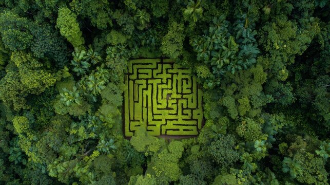 Maze design visible in green trees from above in a lush forest during daytime