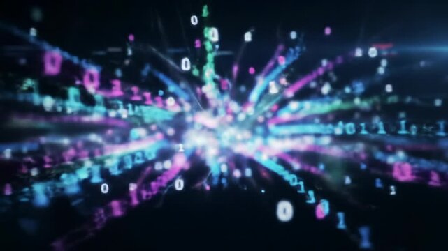 Abstract digital video: vibrant blue, magenta, emerald glowing binary code, complex data evolving on deep black, ethereal light bursting, settling into refined patterns. Concept of advanced