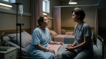 Naklejka premium A Patient And Nurse Engage In Dialogue Within A Quiet Hospital Room Setting