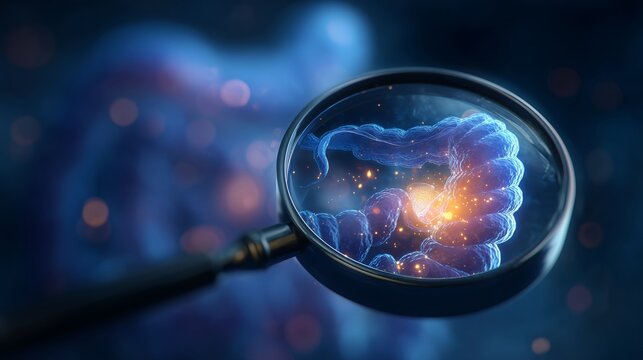 Gastric cancer detection with magnifying glass on stomach showing tumor for biomedical study in pathology