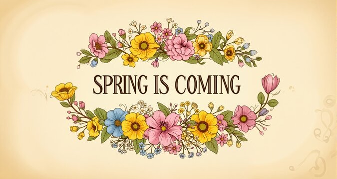 Spring is coming - vintage banner with hand drawn flowers. Vector.
