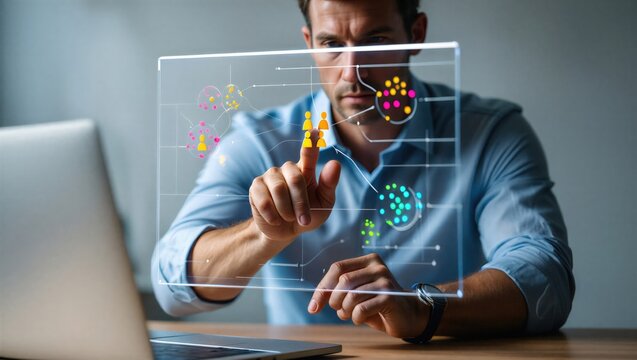 Business professional analyzing data clustering visualization on digital interface, customer segmentation groups connected to user icons, big data analytics, marketing strategy and audience targeting