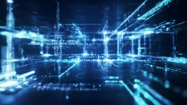 Abstract, futuristic ai network with intricately glowing, interconnected data streams and geometric forms moving through a vast, minimalist digital void with electric blue and violet reflections, a
