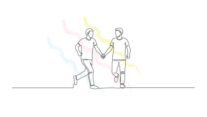 Fototapeta premium Continuous line drawing of two men running hand in hand with colorful abstract paint splatters symbolizing togetherness and partnership.
