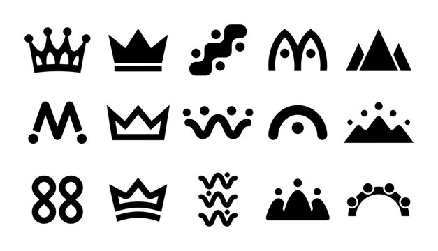 Set of 15 Black Royalty and Mountain Icons, SVG Vector Graphics for Branding and Design Elements. Royal Crown, Summit, Abstract Shapes, and Number 88 Symbols.