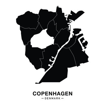 Copenhagen city map silhouette with districts, black urban map vector isolated on white background.