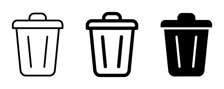 Trash Can Icons Set: Simple Line Art, Outline, and Solid Black Graphics for Waste Management and Deletion Concepts