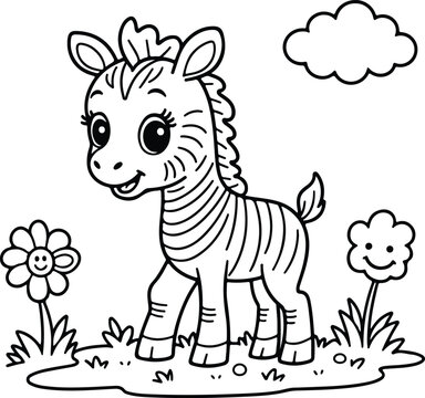 Cute baby zebra with bold stripes in Kawaii line art style