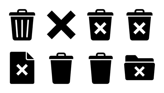 Delete Icons Set, Trash Can and Cross Symbols, Digital Cleanup and Removal Graphics, Vector Illustration for Data Management and File Deletion