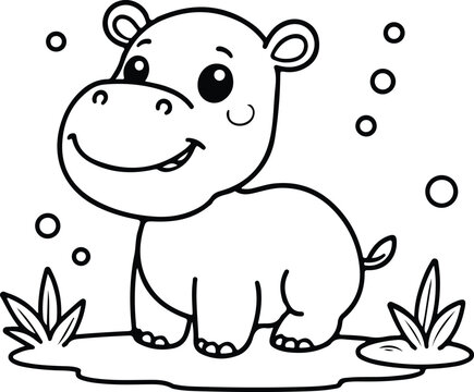 Small baby hippo character minimalist coloring page for kids