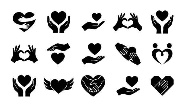 Heart and Hand Icons Set: Love, Care, Support, Charity, Kindness, Partnership, Human Connection, SVG Graphics Collection for Health, Relationships, and Social Causes