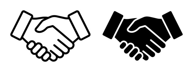 Obraz premium Handshake Icons, Agreement Symbols, Partnership Graphics. Two stylized handshake icons, one outlined and one solid black, representing business collaboration, trust, and successful deals.