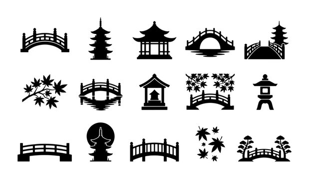 Japanese Architecture & Nature Icons: Pagoda, Bridge, Maple Leaf Silhouettes, Stone Lanterns, Zen Garden Elements, Vector Set