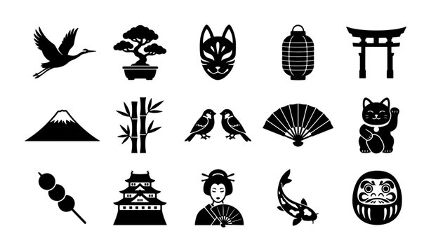 Japanese Culture Icons Set: Traditional Symbols, Geisha, Koi Fish, Bonsai Tree, Crane, Mount Fuji, Daruma Doll, Kitsune Mask, Torii Gate, Lantern, Castle, Dango, Fan, Lucky Cat, Bamboo
