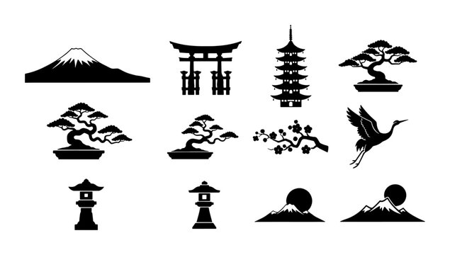 Japanese Cultural Icons Set: Traditional Torii Gate, Pagoda, Bonsai Trees, Crane Bird, Mount Fuji, and Stone Lanterns, Black Silhouette Vector Graphics for Travel and Art