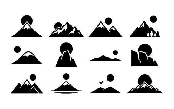 Mountain Landscape Icons Set, Vector Nature Scenes Collection, Silhouette Peaks with Sun and Trees, Minimalist Outdoor Graphics for Design